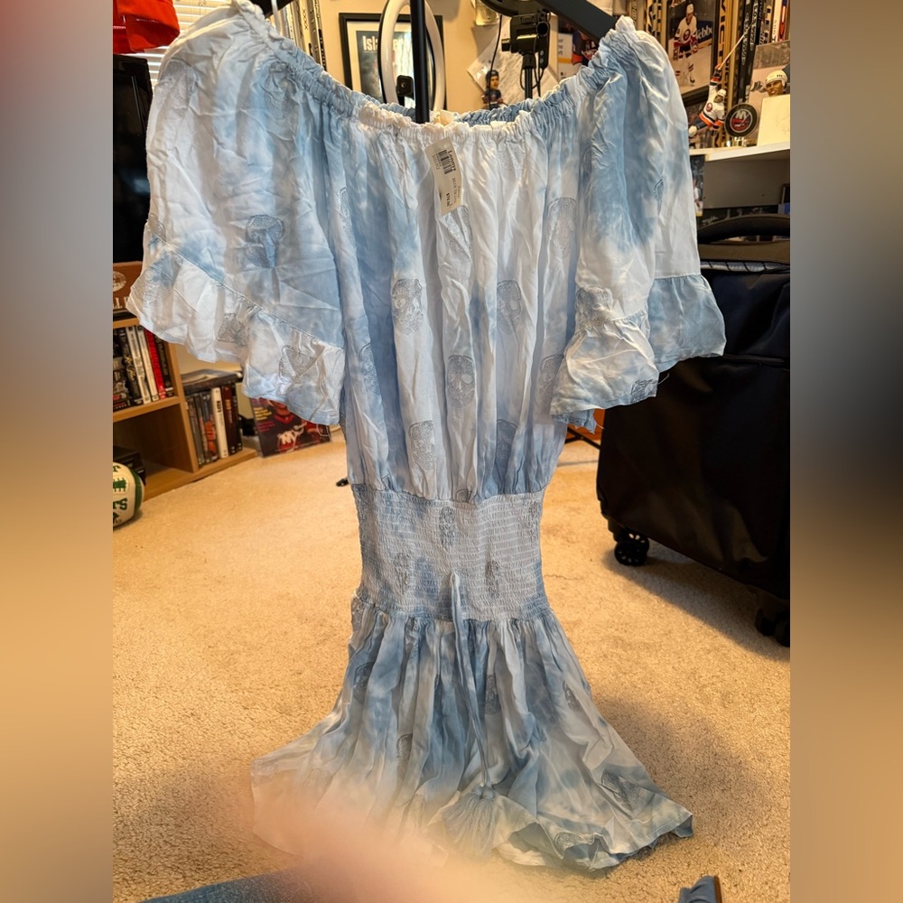 Surf Gypsy Light Blue Off-Shoulder mini dress w skull detail